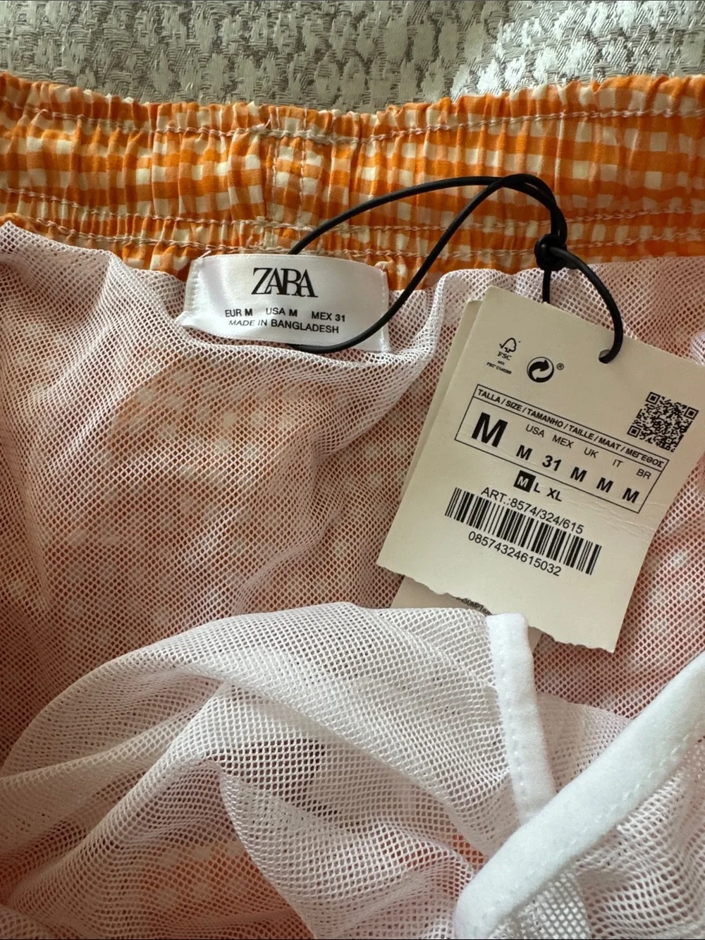 Zara Orange and White Gingham Swim Trunks with Drawstring